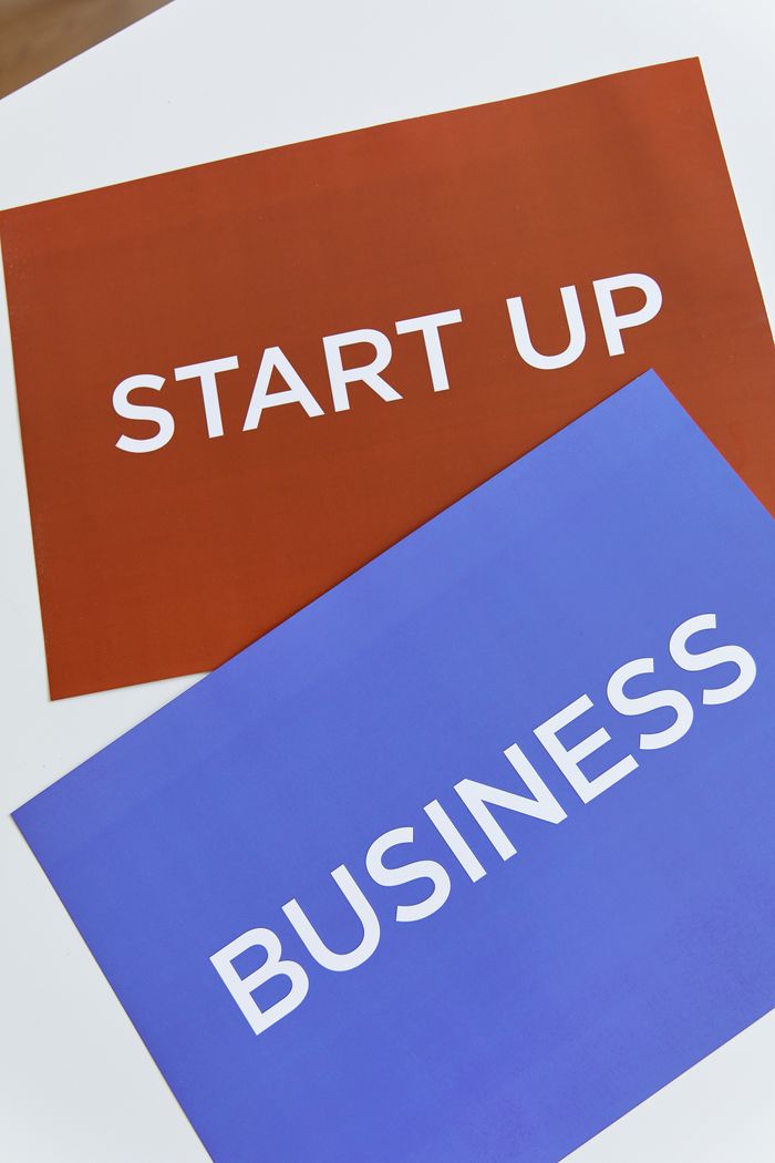 Services Two colorful placards with 'START UP' and 'BUSINESS' to symbolize modern entrepreneurship.